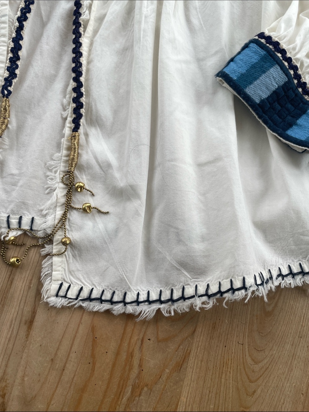 Zara White Boho Embroidered Tie-Front Top with Blue Accents Coastal Chic - Picture 5 of 8
